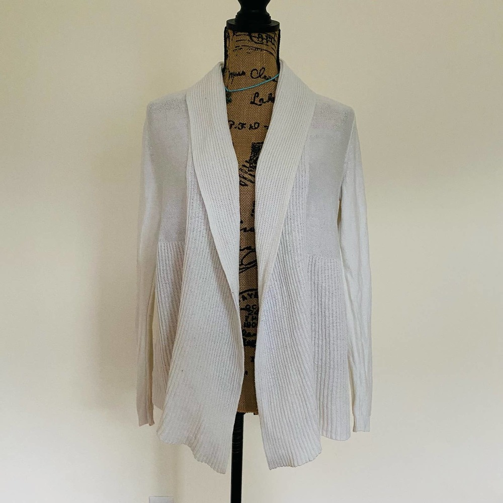 LOFT Rib Trim White Knit Cotton Open Classic Cardigan Sweater